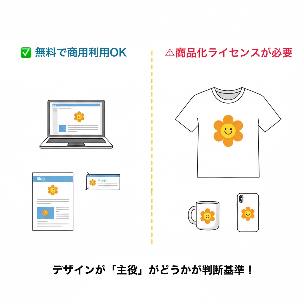 イラストAC 無料利用と商品化ライセンスが必要なケースの比較図